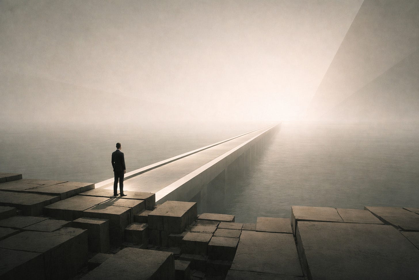 lone figure standing at the edge of a long bridge extending into light and fog lone figure standing at the edge of a long bridge extending into light and fog