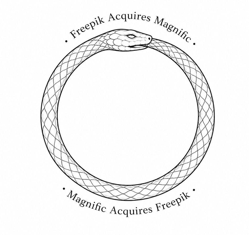Minimal black-and-white ouroboros illustration with curved text reading “Freepik Acquires Magnific” and “Magnific Acquires Freepik.”