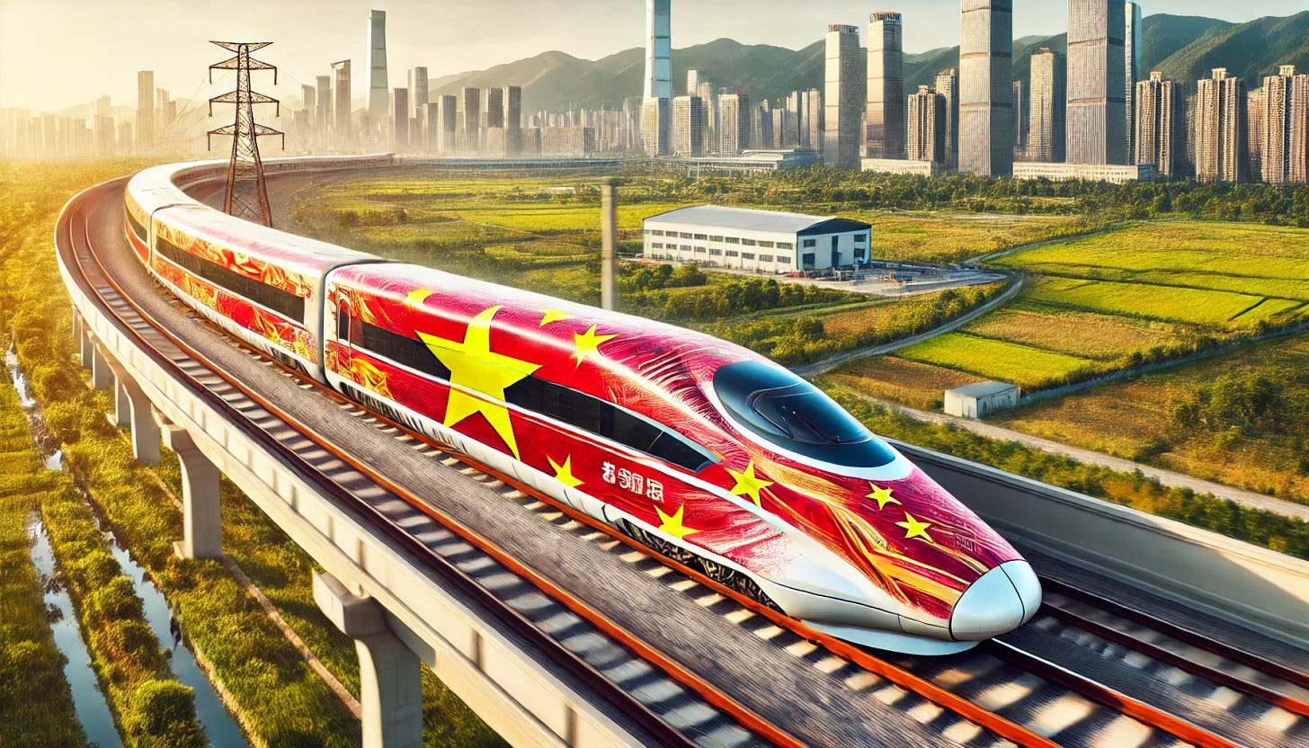 A wide aspect ratio image showing a high-speed bullet train with imprints of the Chinese flag on it. The train is sleek and modern, speeding along a track through a scenic landscape. The exterior of the train is decorated with vibrant red and yellow colors, featuring stars and elements from the Chinese flag. The background includes a mix of urban and natural scenery, with tall buildings, green fields, and mountains in the distance. The overall scene is dynamic and futuristic, showcasing the advanced technology and national pride of the high-speed train.