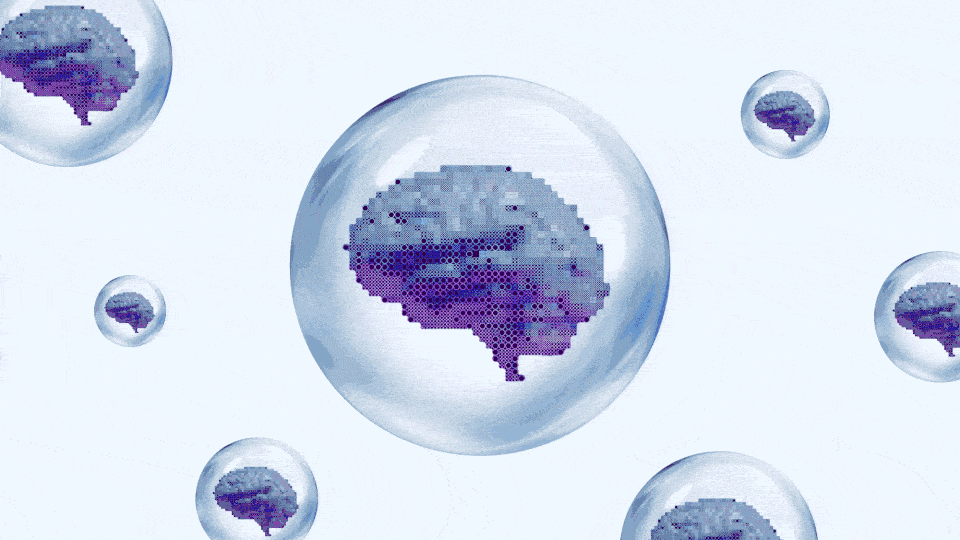 Illustration of brains in bubbles drifting upward