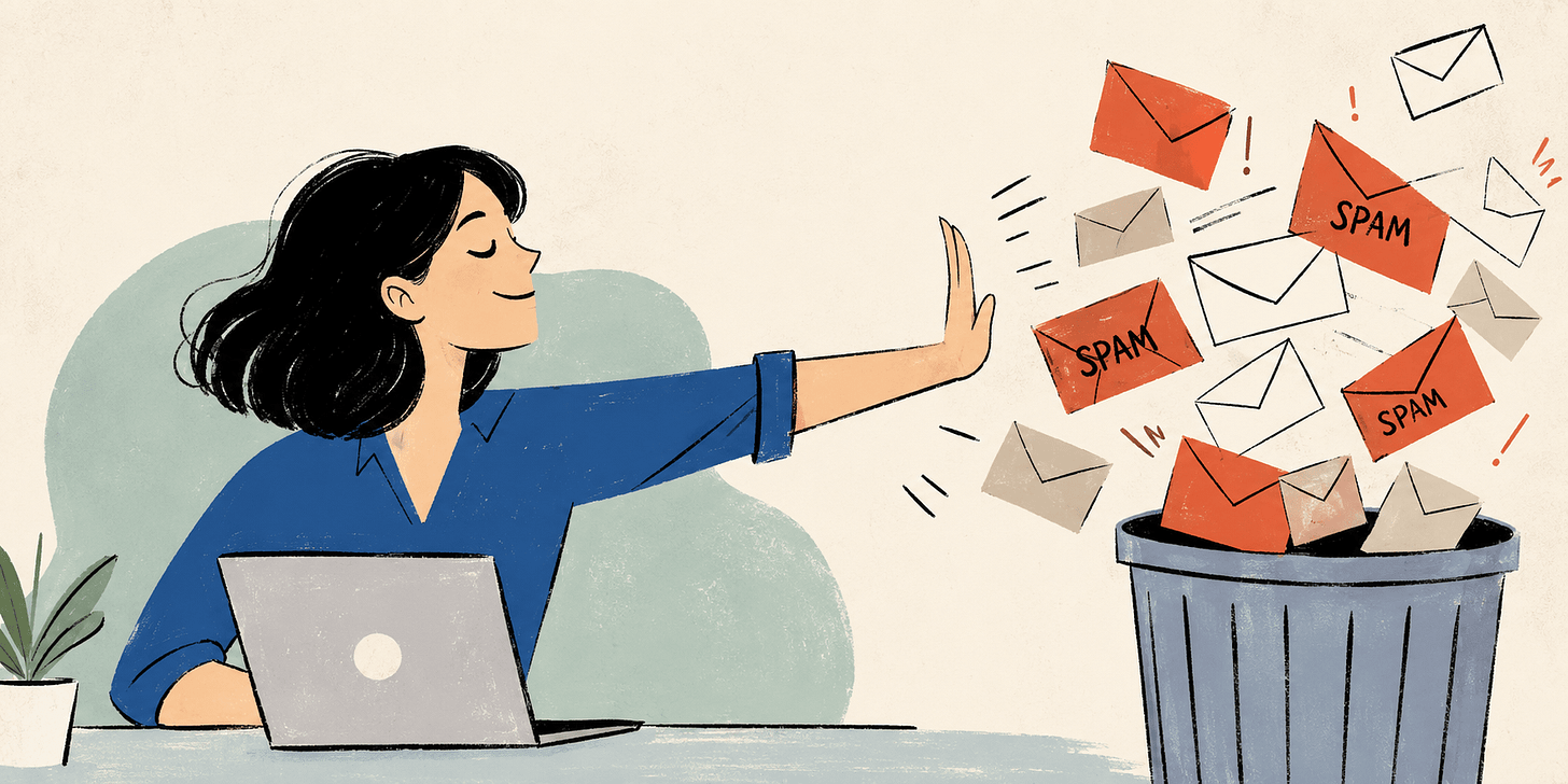Editorial-style illustration of a calm person at a laptop holding up one hand to block spam emails, sending unwanted messages into a trash can. Alt-text produced with assistance from ChatGPT.