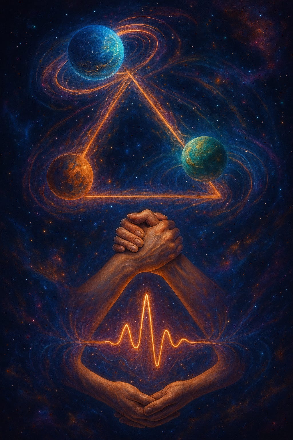 A cosmic digital painting showing three luminous celestial bodies orbiting in a triangular dance, their glowing trails weaving patterns of order and chaos across deep space. Nested within the cosmic triangle, three human figures clasp hands, forming a steady triad. At the center, radiant light pulses outward, echoing heart, breath, and mind rhythms. The image blends astronomy, relationships, and inner life into one fractal cosmic mandala — symbolising how the three-body problem mirrors love, emotion, and the fabric of reality.