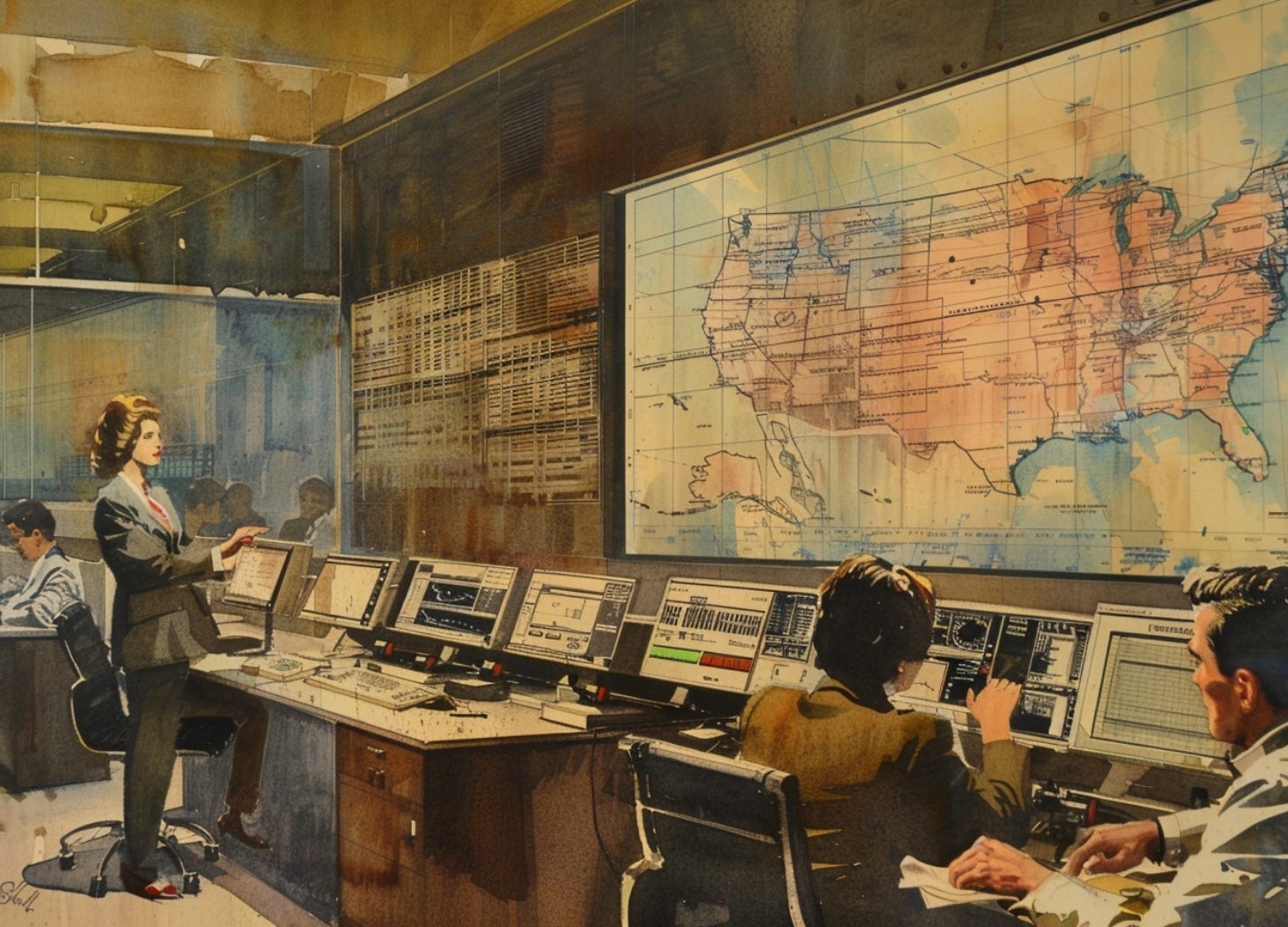 vintage watercolor illustration of a corporate compliance operations room where analysts monitor a large illuminated Midwest map with sentiment data and regional markers