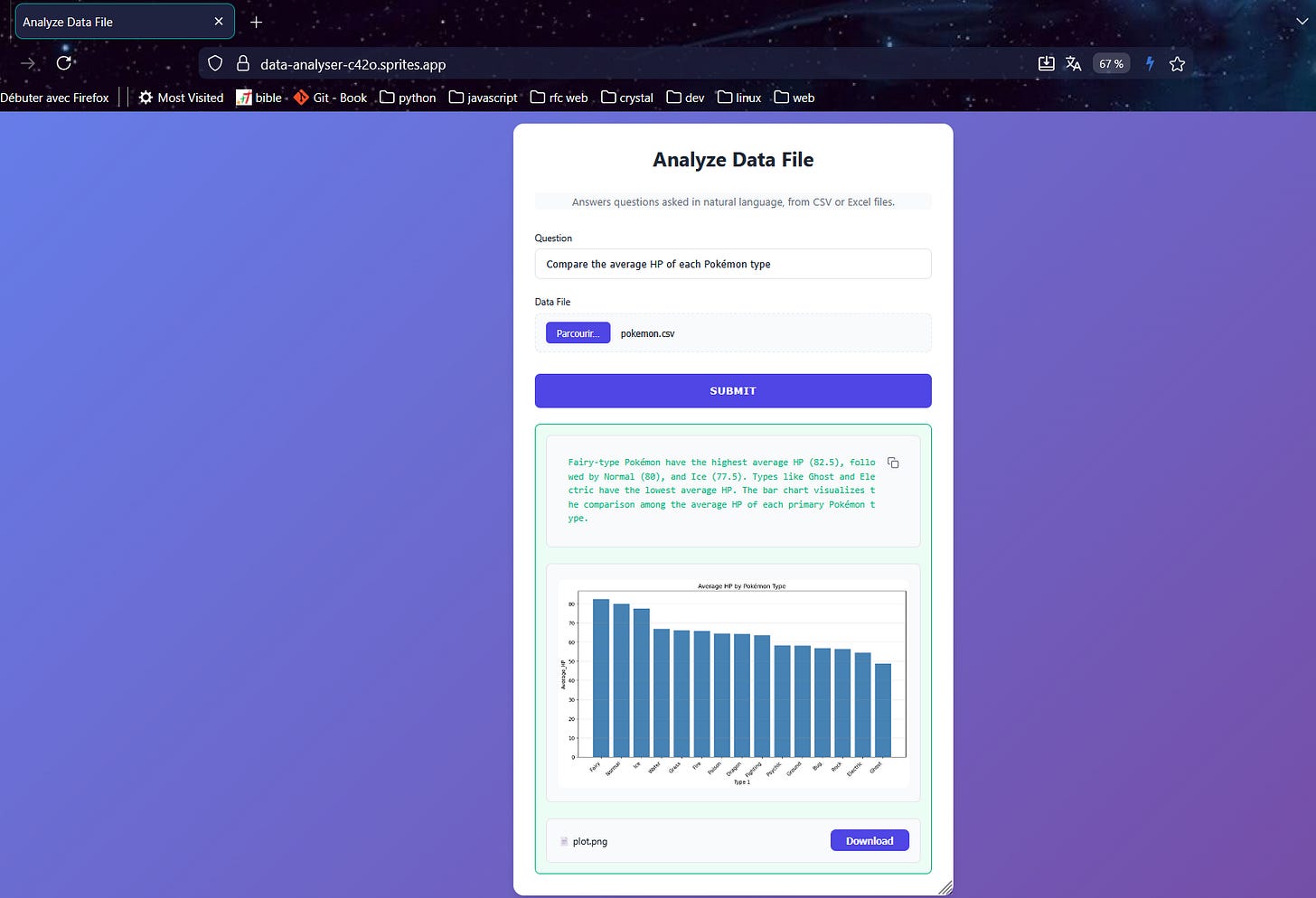 A screenshot of an application demonstrating how to query CSV files with natural language on a Sprite