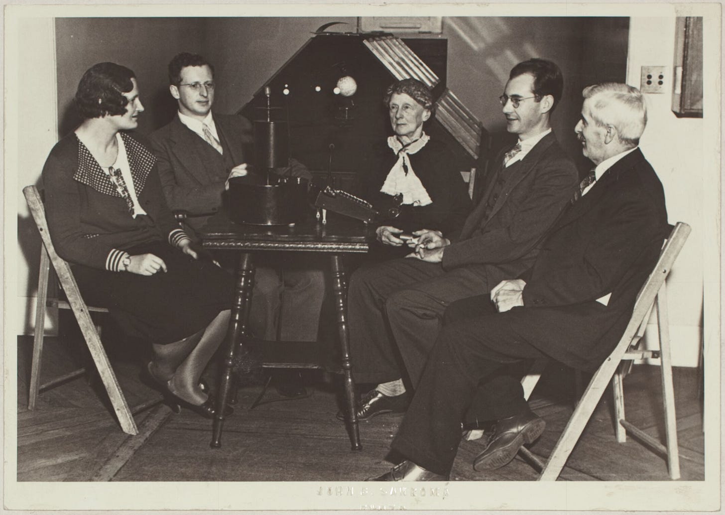 Menzel, second from left, in 1932 running a mechanical computer, called an orrery, while other Harvard astronomers look on. From left to right: Celia Helena Payne-Gaposchkin, Donald H. Menzel, Annie Jump Cannon, Fred L. Whipple, and Leon Campbell. Menzel, second from left, in 1932 running a mechanical computer, called an orrery, while other Harvard astronomers look on. From left to right: Celia Helena Payne-Gaposchkin, Donald H. Menzel, Annie Jump Cannon, Fred L. Whipple, and Leon Campbell.