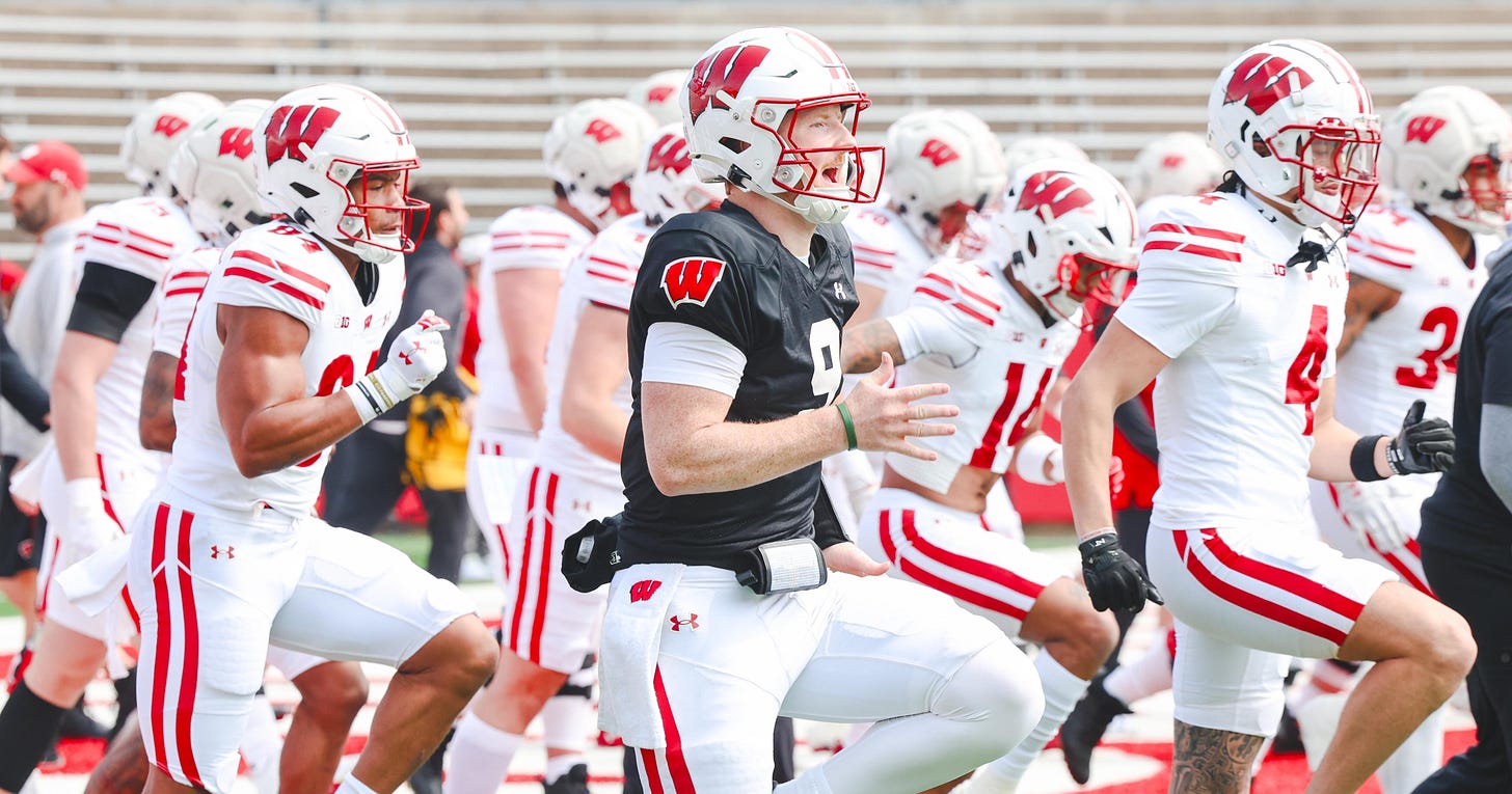 Wisconsin Badgers QB Billy Edwards Jr. warming up with the offense ahead of the Spring Showcase at Camp Randall Stadium. Wisconsin Badgers QB Billy Edwards Jr. warming up with the offense ahead of the Spring Showcase at Camp Randall Stadium.