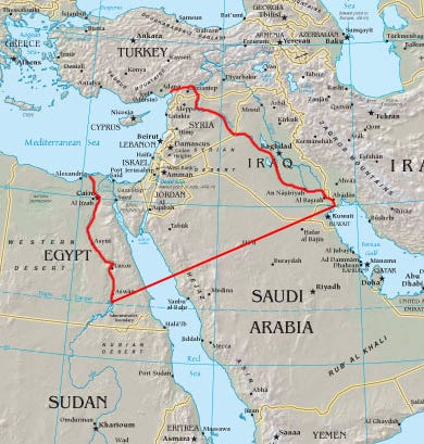 A map with the borders of Greater Israel outlined in red A map with the borders of Greater Israel outlined in red