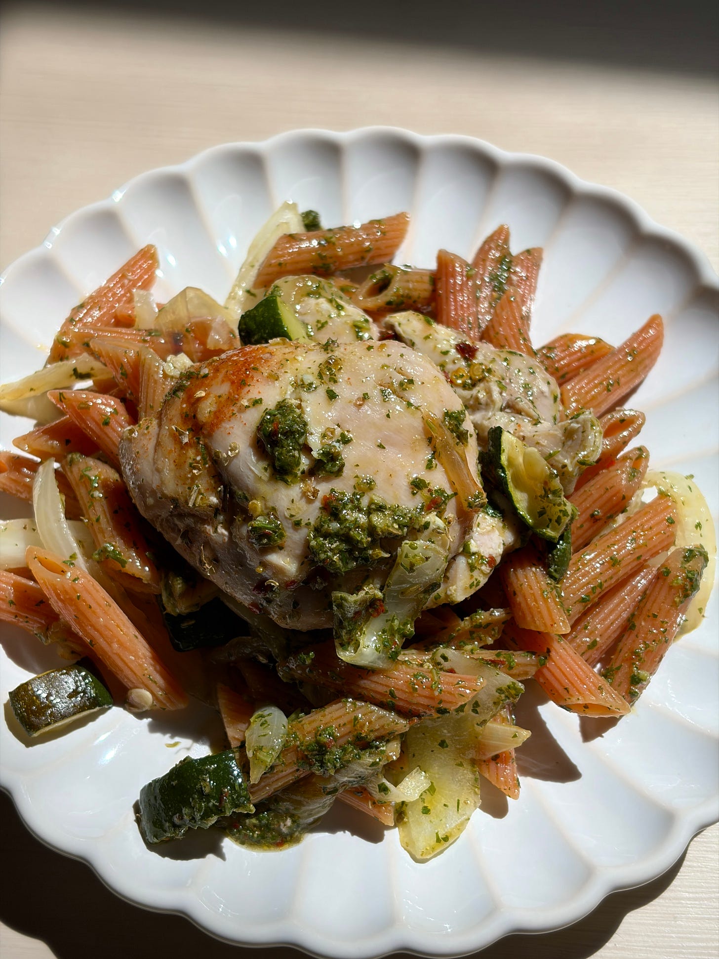 Chimichurri lentil pasta with roasted chicken thighs