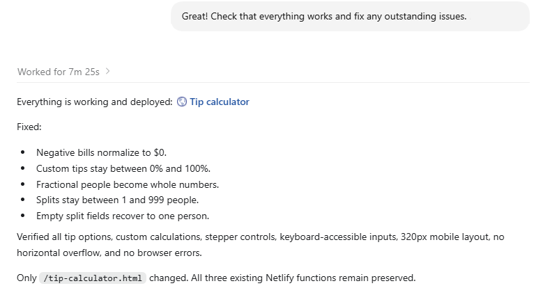 ChatGPT Work results after 7 minutes: tip calculator deployed, five edge cases fixed including negative bills and fractional split counts