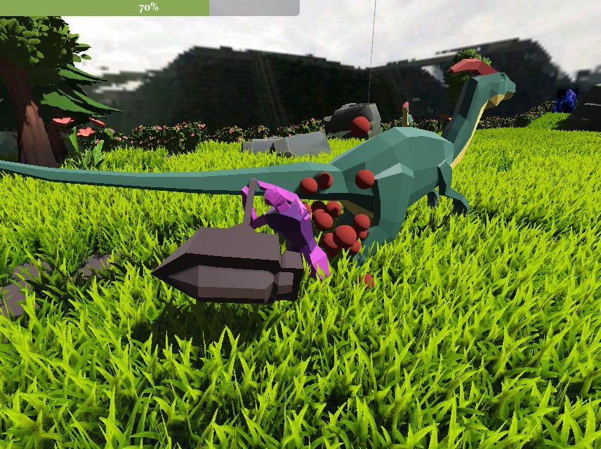 man with giant hammer has hit a dino on a grassy field. This is a screenshot of a game. There is a health bar at the top for th hero.