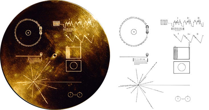 Diagram of the Golden Record cover shown with its extraterrestrial instructions that are etched on the front Diagram of the Golden Record cover shown with its extraterrestrial instructions that are etched on the front