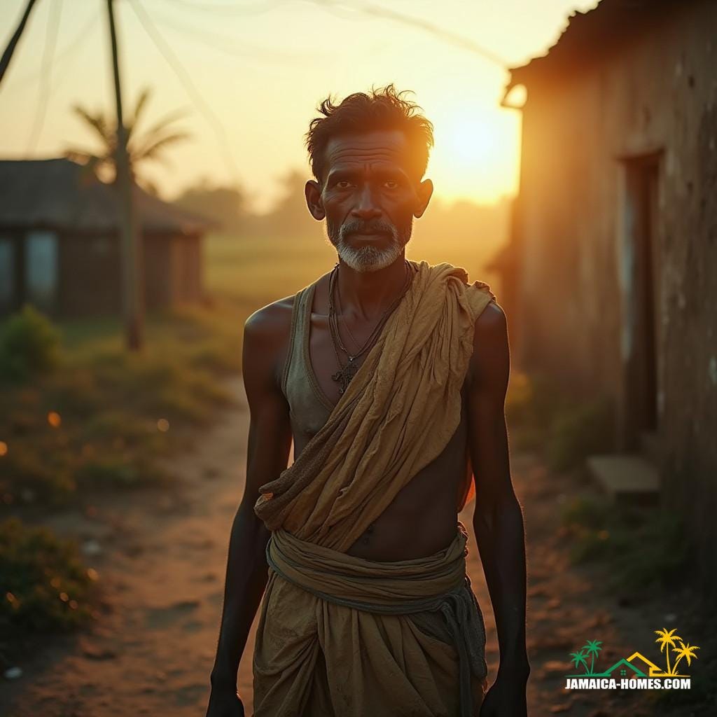 An Indian indentured laborer, clad in worn, earth-toned clothing, stands amidst a lush Jamaican landscape