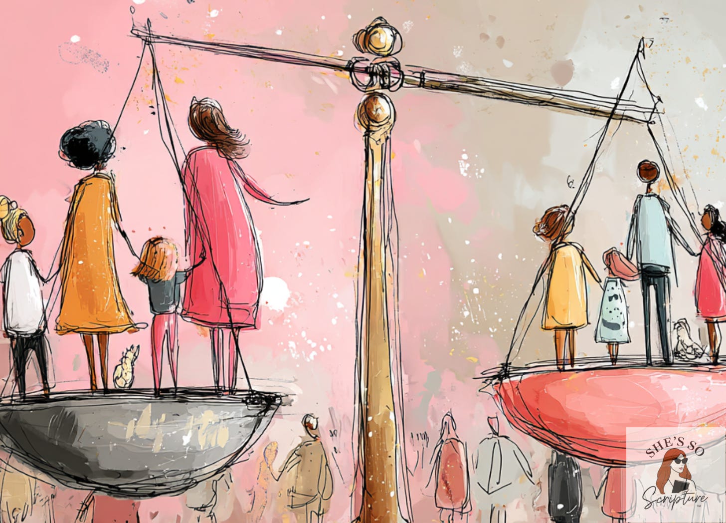 Watercolor illustration of balanced scales holding grain, symbolizing mercy, measure, and giving in Luke 6:38, rendered in a soft devotional art style