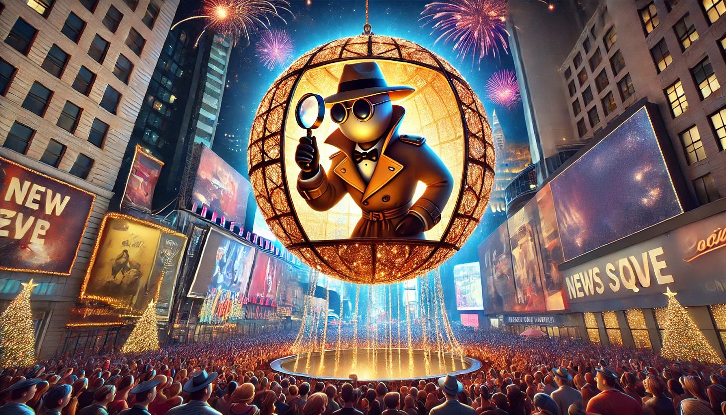 A whimsical New Year's Eve scene featuring a giant, glowing ball descending in a vibrant city setting. The ball has a secret agent theme, with a cartoonish spy figure inside. The spy is wearing a classic trench coat and fedora, holding a magnifying glass up to their eye. The ball is intricately designed with shimmering lights and a metallic framework, blending festive and espionage motifs. Crowds of excited onlookers gather below under a sky filled with fireworks, confetti, and bright city lights. No visible numbers are present in the scene, maintaining focus on the festive and mysterious elements.