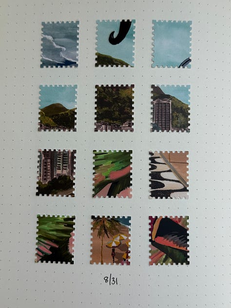 sketchbook with 12 tiny stamp cut images pasted uniformally on the page