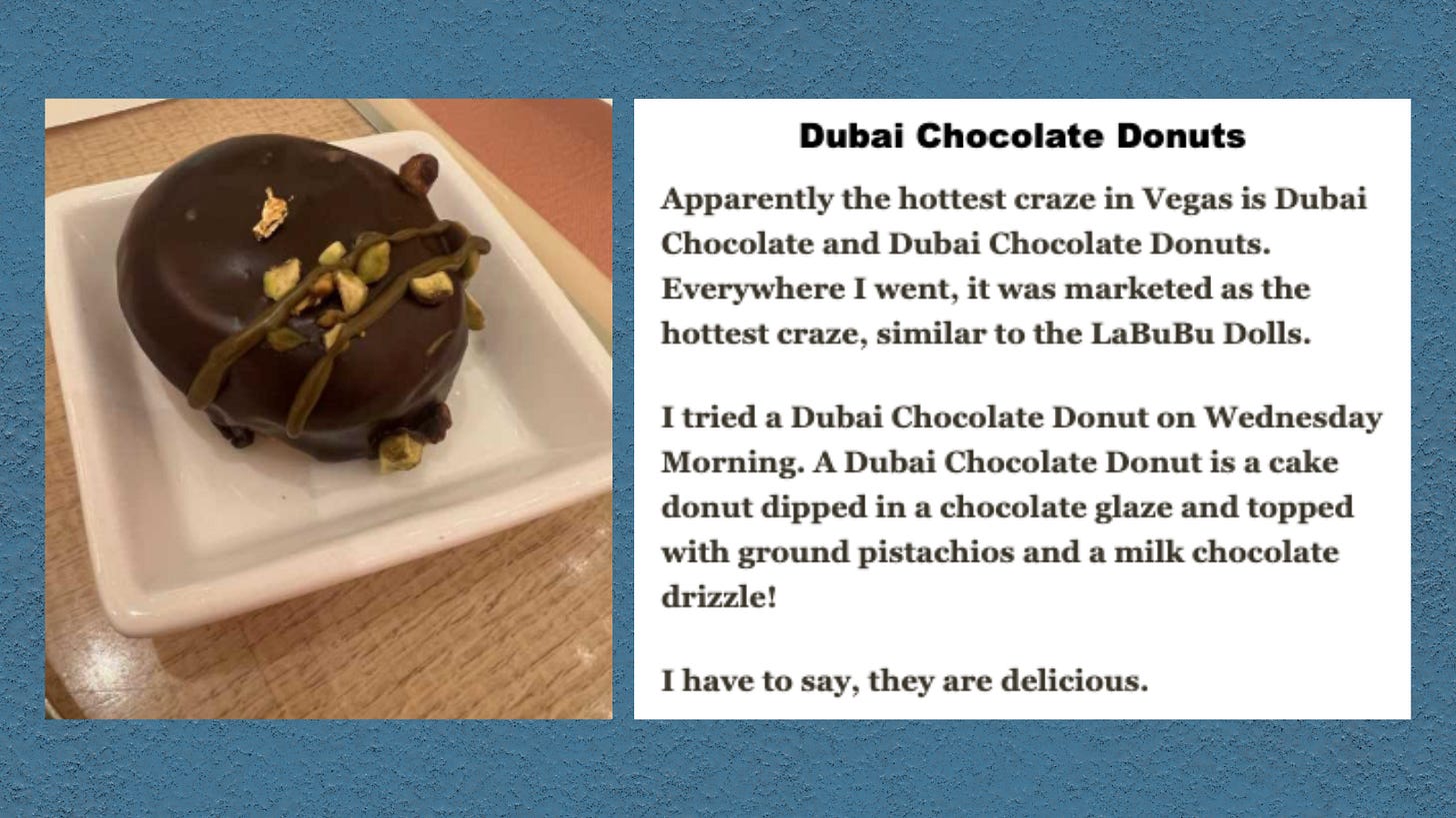 Chocolate-glazed donut topped with crushed pistachios and chocolate drizzle on a white plate, alongside text describing it as a 'Dubai Chocolate Donut' from Las Vegas.