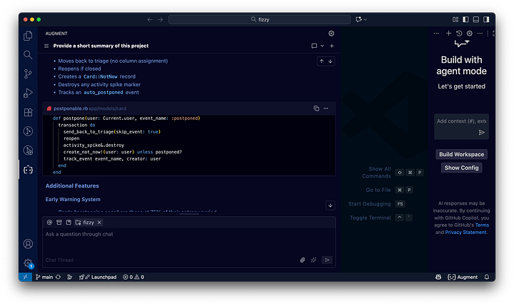 Screenshots of VS Code, showing the Augment Code chat giving detailed answers about the codebase
