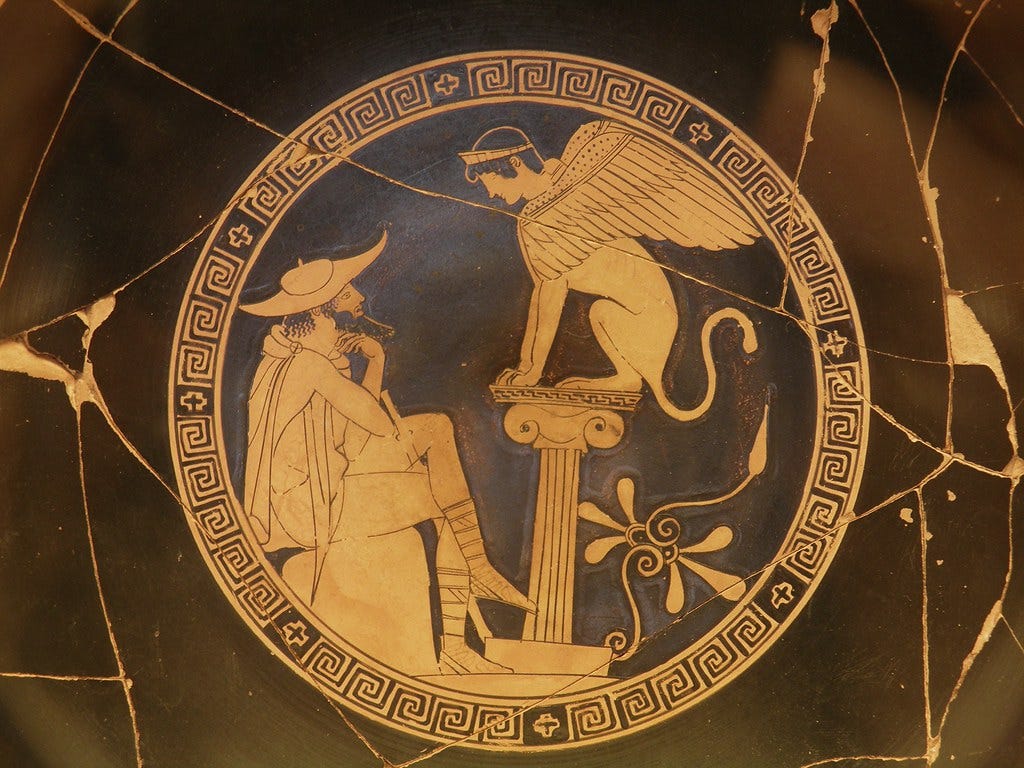 Oedipus and the Sphinx of Thebes, Red Figure Kylix, c. 470 BC, from Vulci, attributed to the Oedipus Painter, Vatican Museums