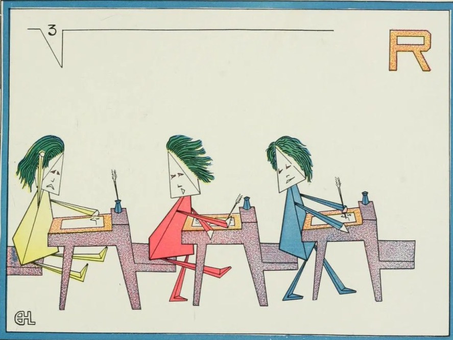Color illustration of three students sitting in classroom desks, two looking behind them at a third. Their heads, bodies, arms, and legs are composed of separate pyramidal forms, and their hair is green. There is a capital “R” in the righthand corner.