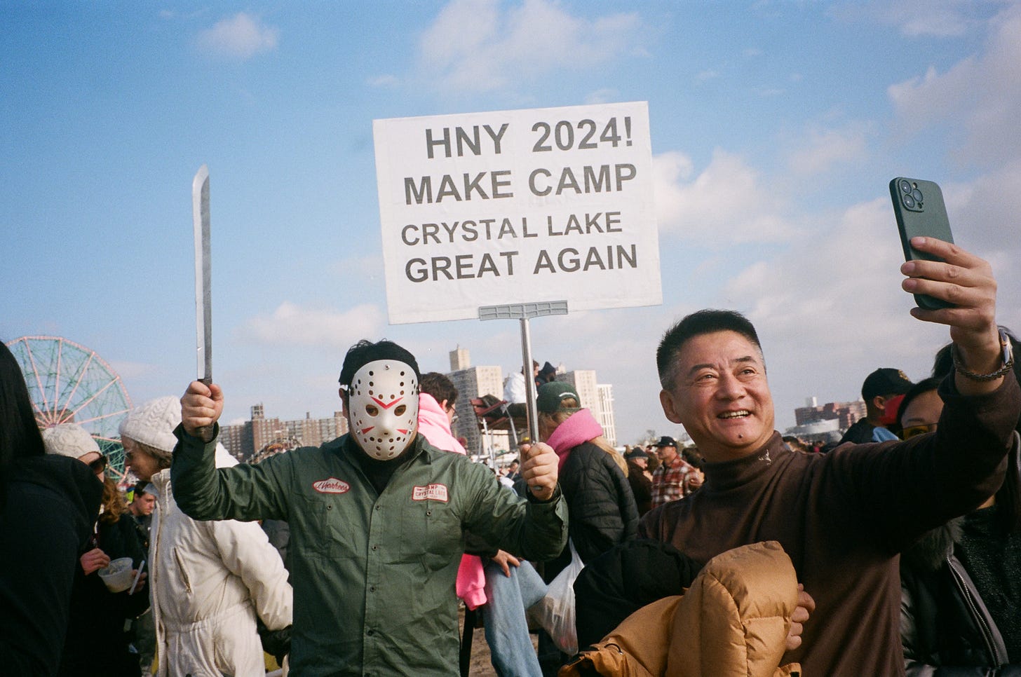35mm film photo of Man posing as Jason in hockey mask