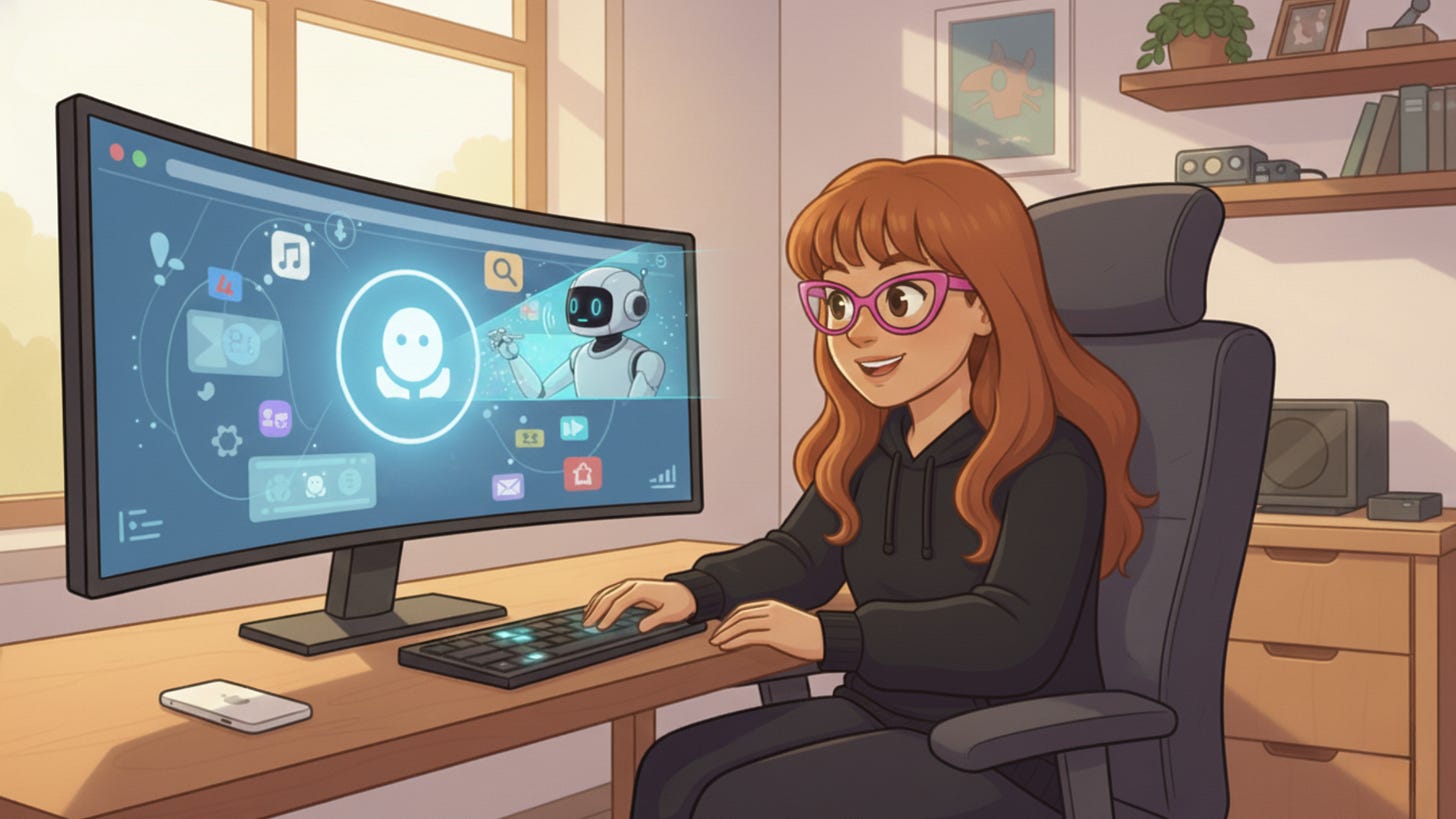 Illustration of a woman with red hair and glasses sitting at a computer desk, smiling as she works on a large monitor displaying floating AI app icons. The scene represents ChatGPT Atlas turning Custom GPTs into active AI coworkers inside the browser.