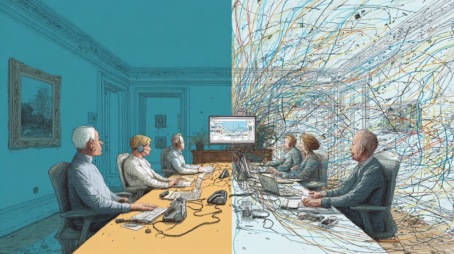 Split screen showing calm meeting room on left, chaotic digital connections on right