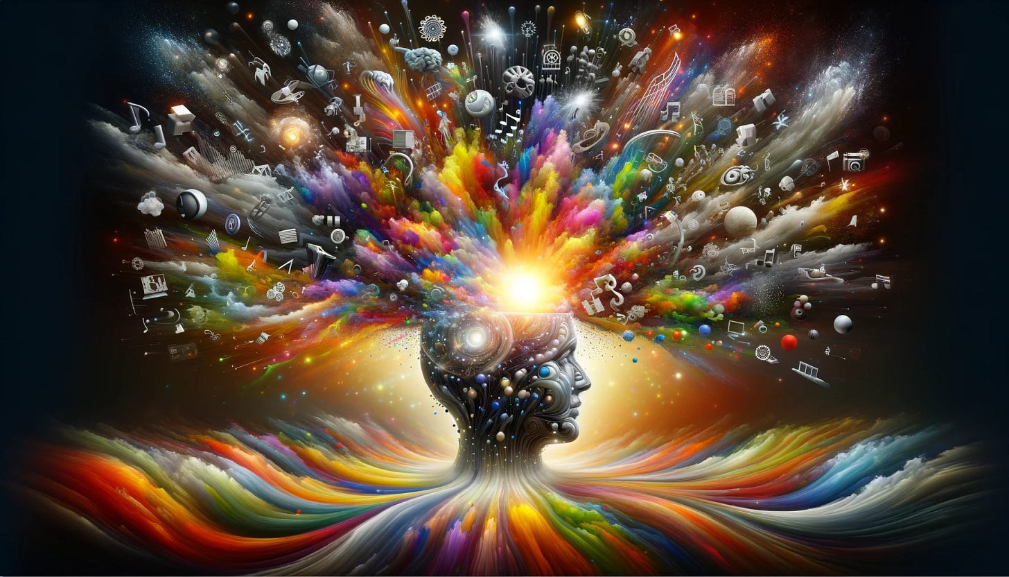 Create a wide rectangular image (1792x1024) that abstractly represents the concept of creativity. The image should feature a burst of colorful, swirling patterns emerging from an open, illuminated mind in the center, surrounded by various symbols of art, science, music, and technology. This scene should capture the essence of creativity as a dynamic and expansive force, blending elements of imagination, innovation, and inspiration.