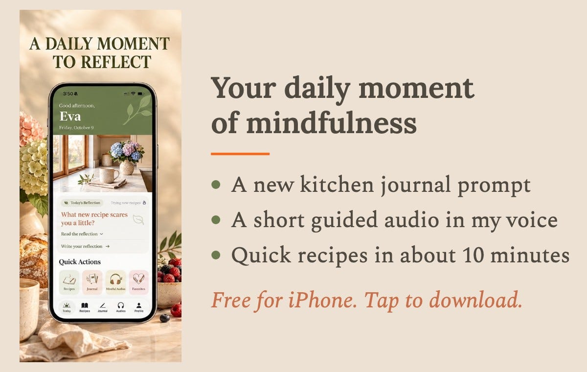 The free Cooking Therapy app for iPhone: a daily kitchen journal prompt, short guided audios and quick recipes The free Cooking Therapy app for iPhone: a daily kitchen journal prompt, short guided audios and quick recipes