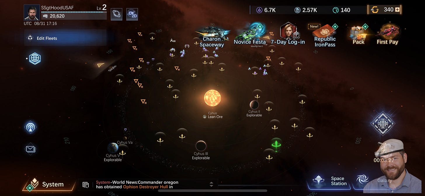 A sci‑fi strategy game interface showing a star system map centered on a glowing yellow star labeled “Cyhus,” with multiple orbiting planets and nodes marked “Explorable” and “Lean Ore,” including “Cyhus II,” “Cyhus III,” and “Cyhus V.” The screen displays menu icons and event banners such as “Charon Spaceway,” “Novice Festa,” “7‑Day Log‑in,” “Republic IronPass,” “Pack,” and “First Pay,” along with player info “SSgtHoodUSAF Lv.2,” resource counters, a system chat ticker, and navigation buttons for “Space Station” and “Galaxy.” A sci‑fi strategy game interface showing a star system map centered on a glowing yellow star labeled “Cyhus,” with multiple orbiting planets and nodes marked “Explorable” and “Lean Ore,” including “Cyhus II,” “Cyhus III,” and “Cyhus V.” The screen displays menu icons and event banners such as “Charon Spaceway,” “Novice Festa,” “7‑Day Log‑in,” “Republic IronPass,” “Pack,” and “First Pay,” along with player info “SSgtHoodUSAF Lv.2,” resource counters, a system chat ticker, and navigation buttons for “Space Station” and “Galaxy.”