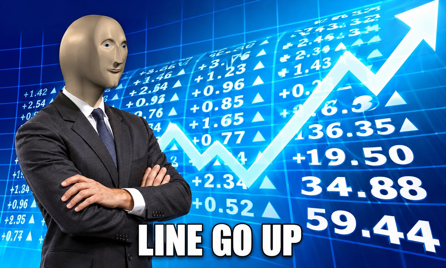 Meme of a suited mannequin figure in front of a rising stock chart, captioned “Line go up.” Meme of a suited mannequin figure in front of a rising stock chart, captioned “Line go up.”