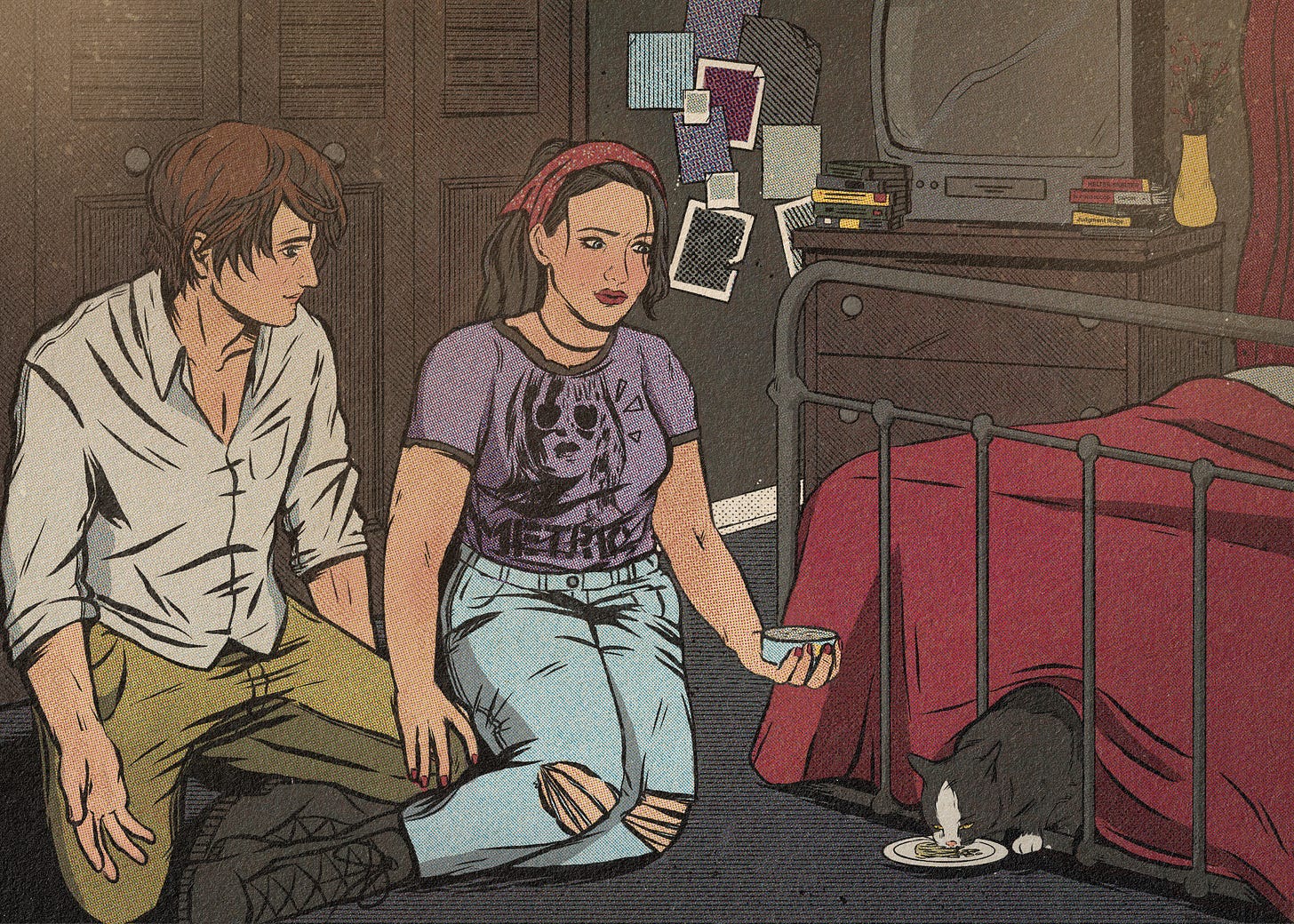 art print for LOVE IN THE TIME OF SERIAL KILLERS, featuring Phoebe and Sam feeding the cat, Lenore