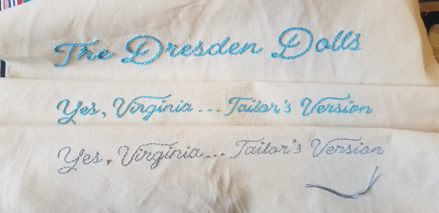 samples of embroidery lettering the dresden dolls, yes virginia tailor's version