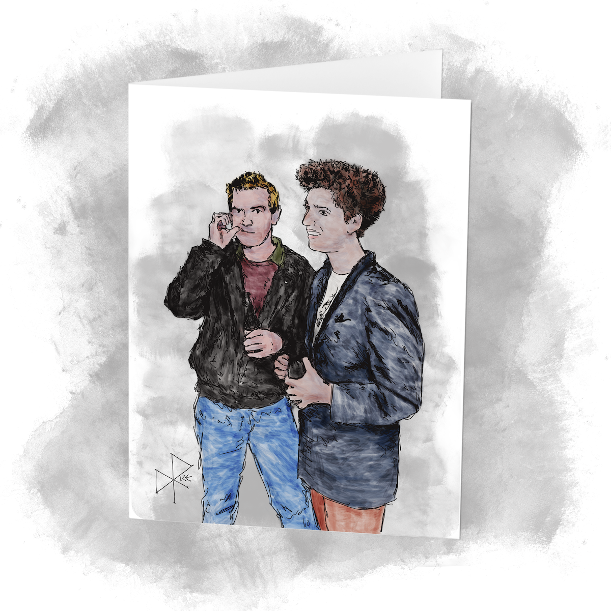 A smiling woman stands and holds a beer while behind her a man in a leather jacket, also armed with a beer, picks at his teeth with his thumb. Sketch art by Don Rice.