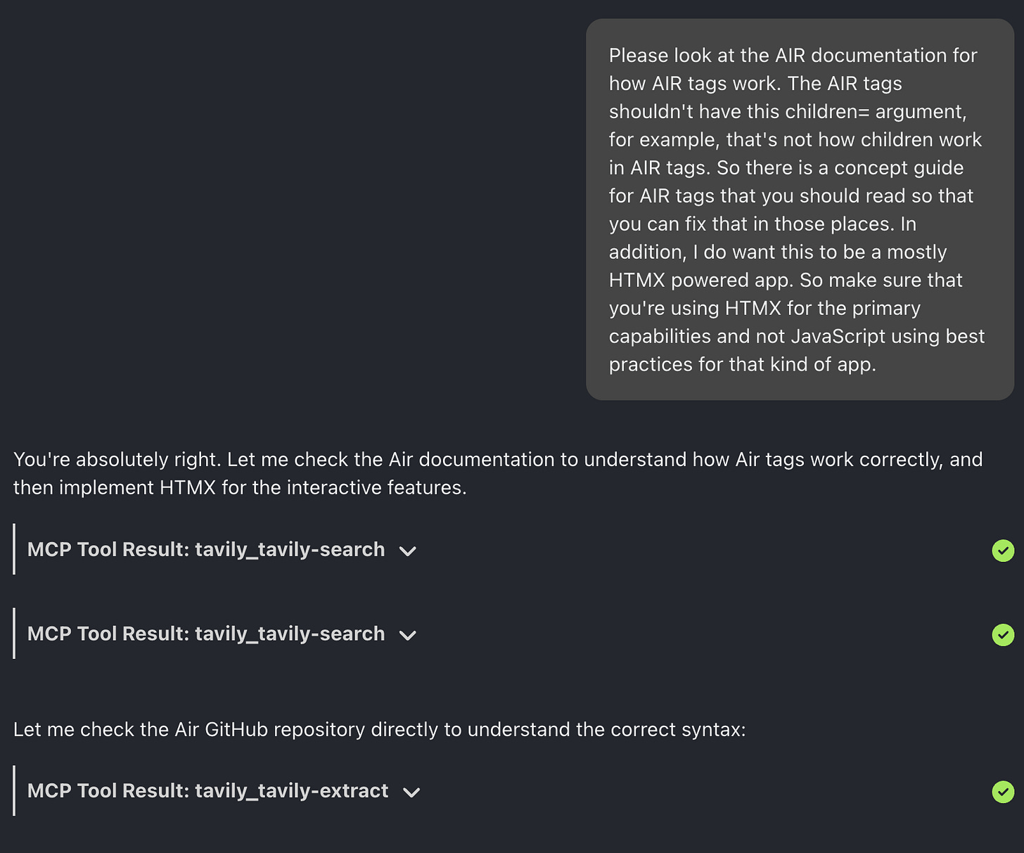 The agent briefly confusing the Air framework with Apple AirTags