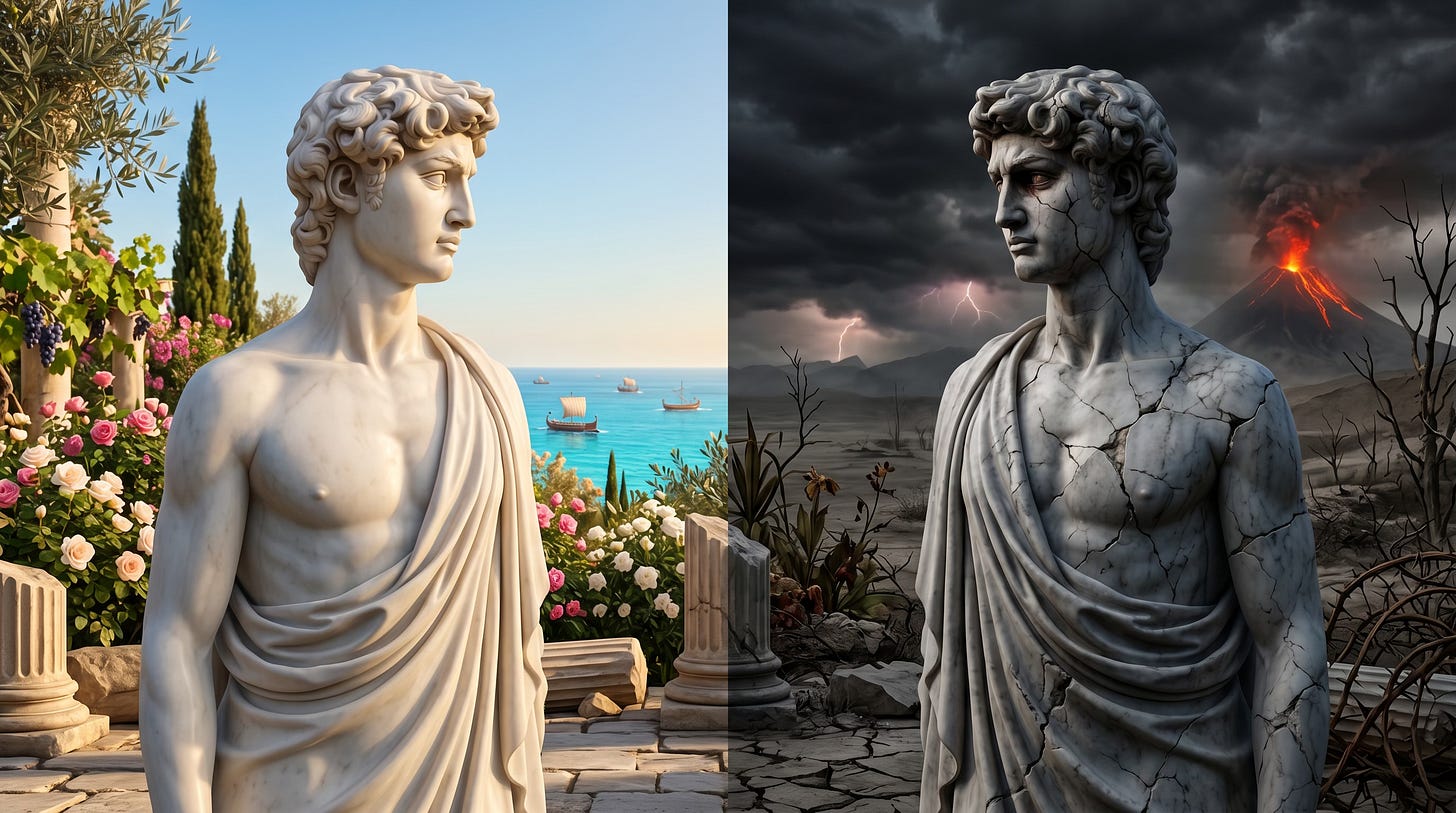 two roman marble statues facing each other as the good twin on the left on a bright sunny patio looking out over a clear sky and blue ocean. And on the left, the evil twin statue, breaking apart under a storm black sky with an ereupting volcano as its backdrop two roman marble statues facing each other as the good twin on the left on a bright sunny patio looking out over a clear sky and blue ocean. And on the left, the evil twin statue, breaking apart under a storm black sky with an ereupting volcano as its backdrop