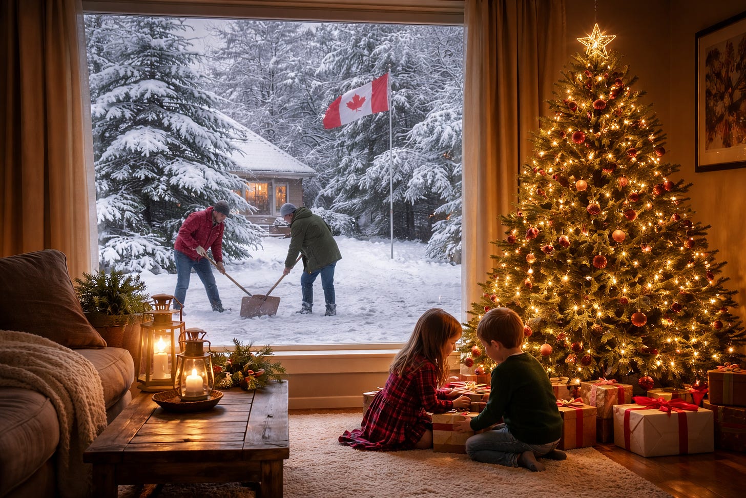 A warmly lit living room with a decorated Christmas tree and wrapped gifts. Two children sit on the floor near the tree. Through a large window, two neighbours shovel snow together in a winter landscape, with snow-laden trees and a Canadian flag visible outside.