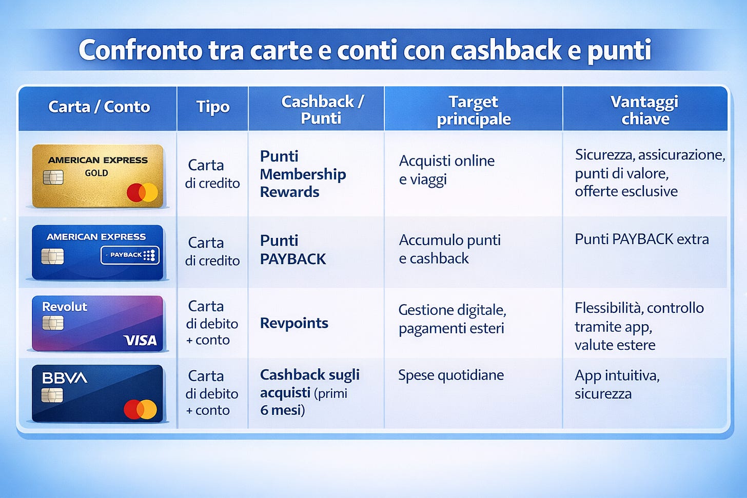 Tabella comparativa landscape tra American Express Gold, American Express PAYBACK, Revolut Visa e BBVA Mastercard con icone delle carte, dettagli su tipo, cashback o punti, target e vantaggi chiave. Tabella comparativa landscape tra American Express Gold, American Express PAYBACK, Revolut Visa e BBVA Mastercard con icone delle carte, dettagli su tipo, cashback o punti, target e vantaggi chiave.
