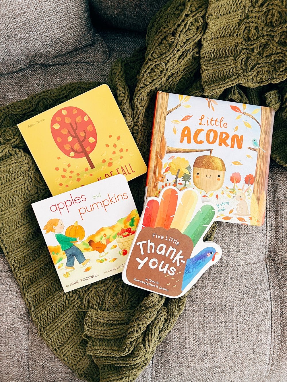 Thanksgiving themed board books sitting on a blanket