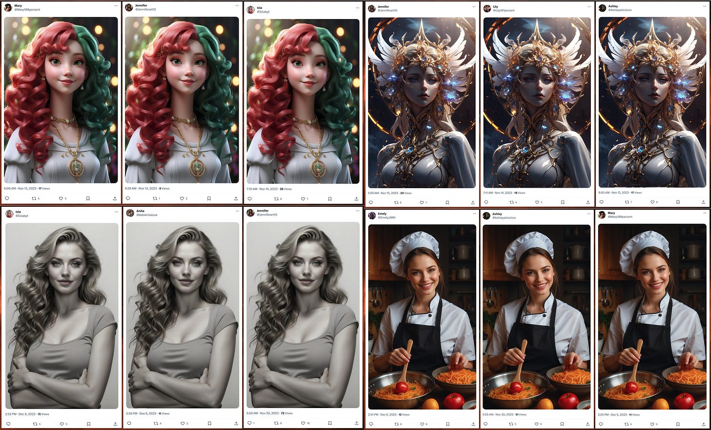 screenshots of posts from different accounts containing the same AI-generated images