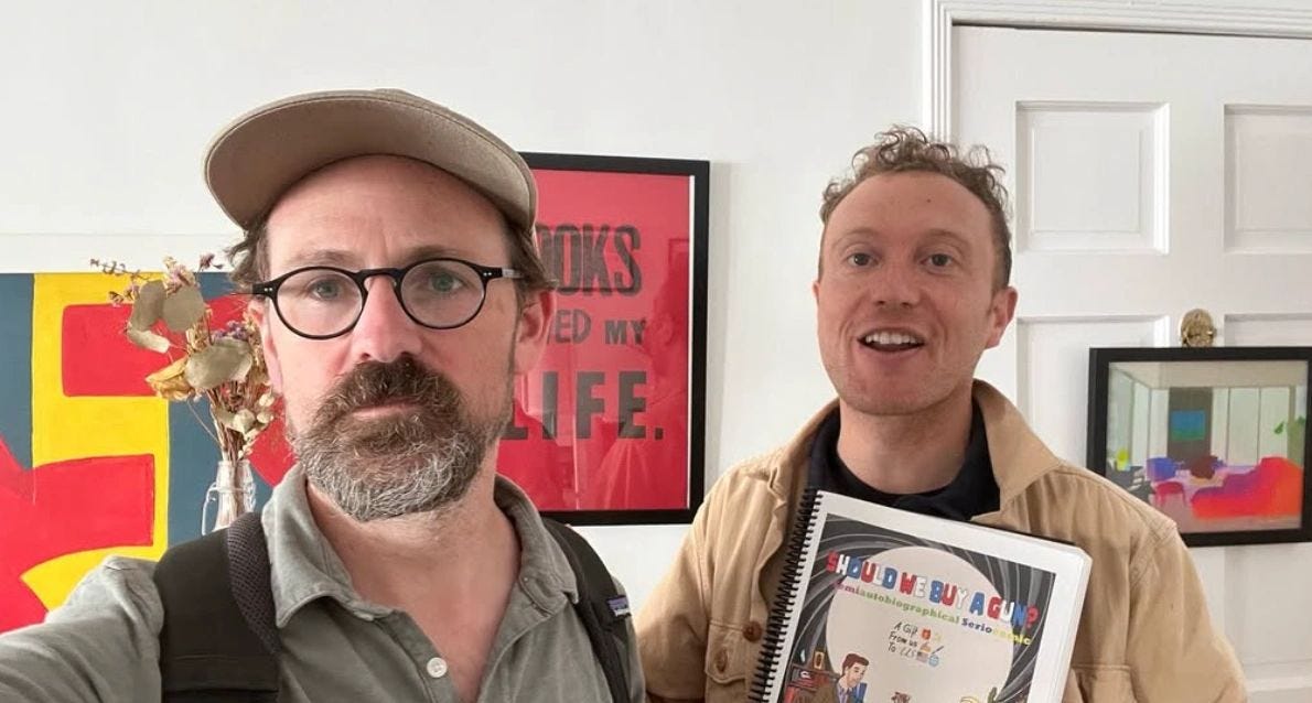 Illustrator Gabriel Wexler and writer Dave Cowen, whose collaboration brought Should We Buy A Gun? to life. Their differing perspectives on the book’s central question helped shape a more nuanced and balanced narrative.