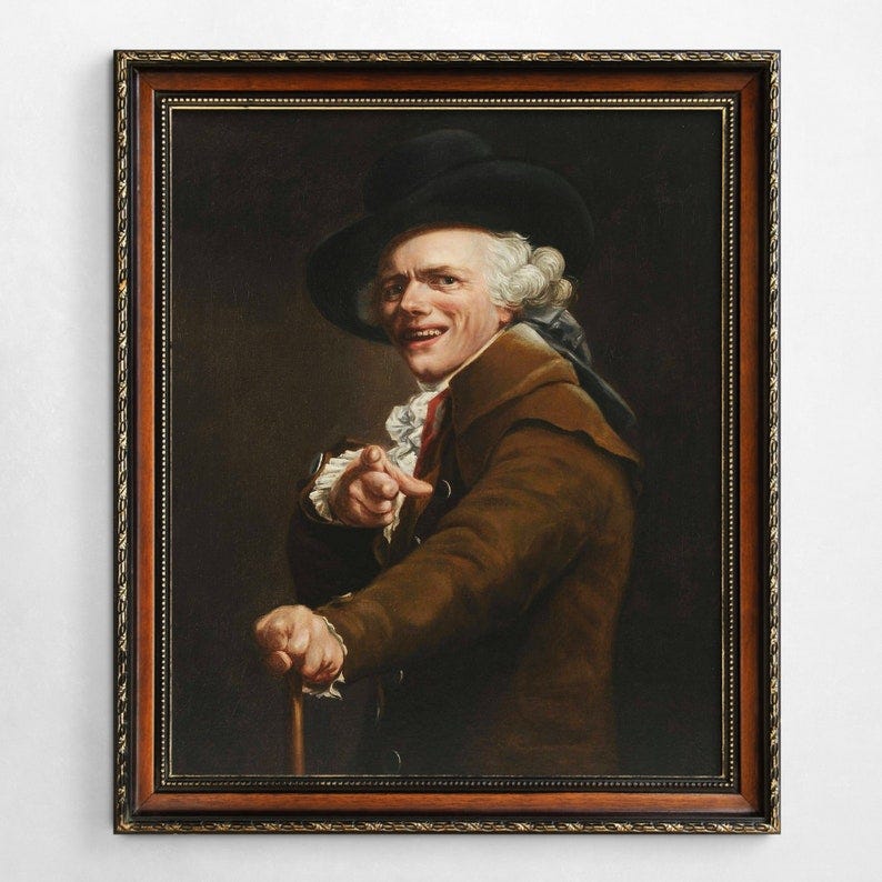 May include: A framed oil painting of a man wearing a brown coat and a black hat. The man is smiling and pointing at the viewer. The background is dark brown.