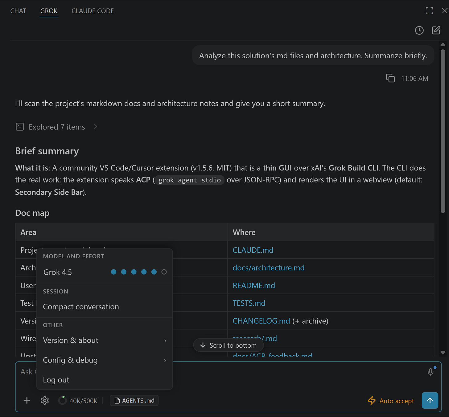 Grok 4.5 running inside VS Code via the Grok Build for VS Code extension Grok 4.5 running inside VS Code via the Grok Build for VS Code extension