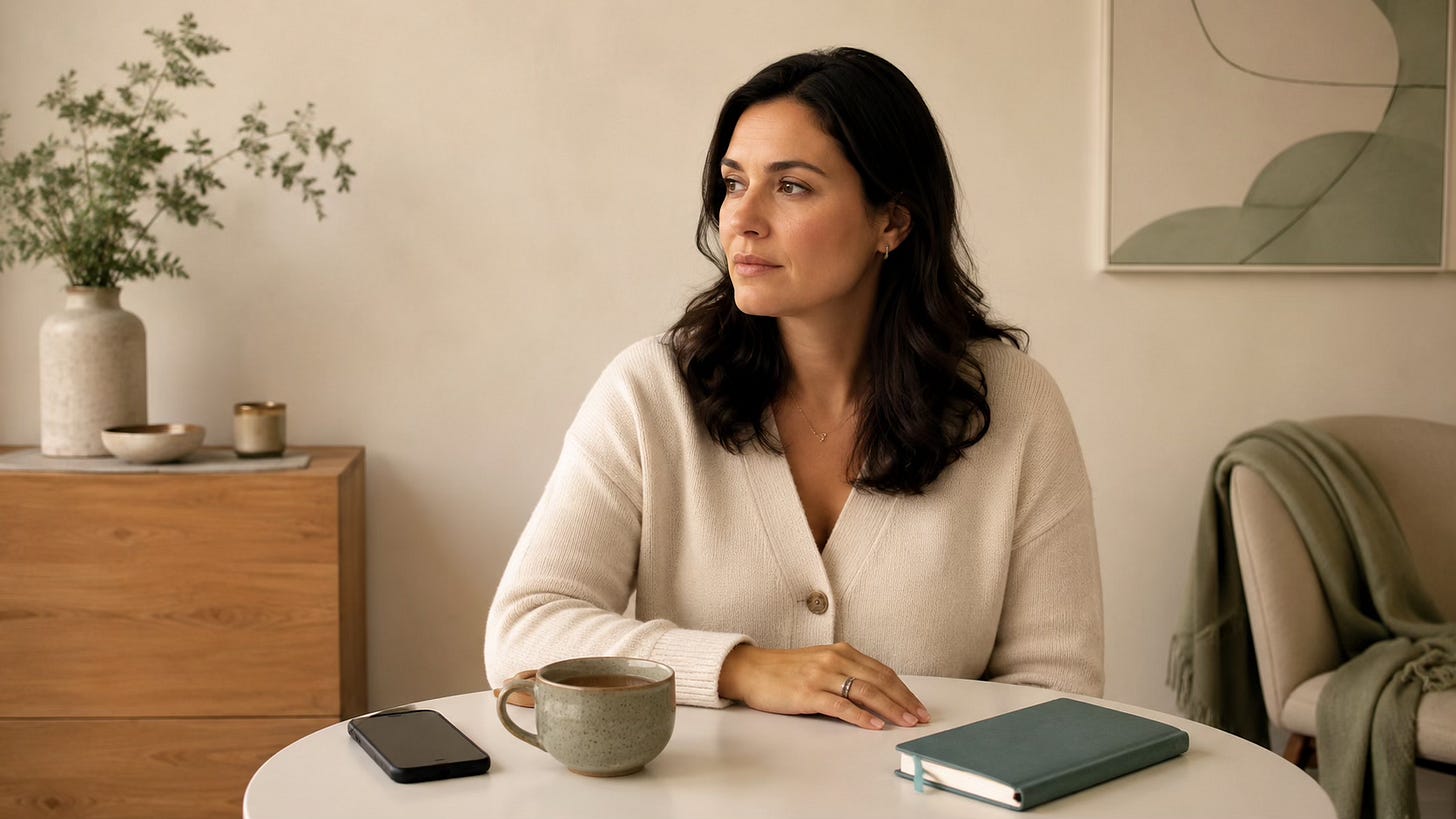 Woman sitting calmly with her phone face down, representing a pause before responding from people-pleasing.
