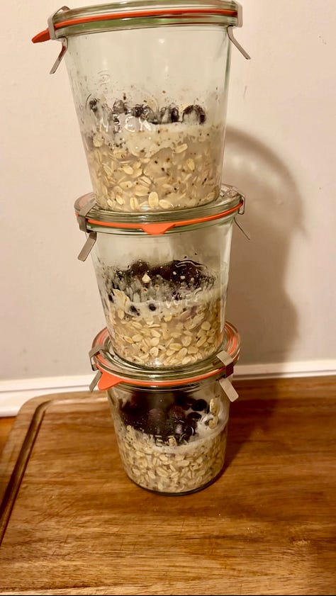 Turkey and avocado tacos, rotisserie chicken noodle soup, sheet pan salmon & broccolini, cabbage crunch bowls, protein pancakes, blueberry overnight oats, vanilla smoothie