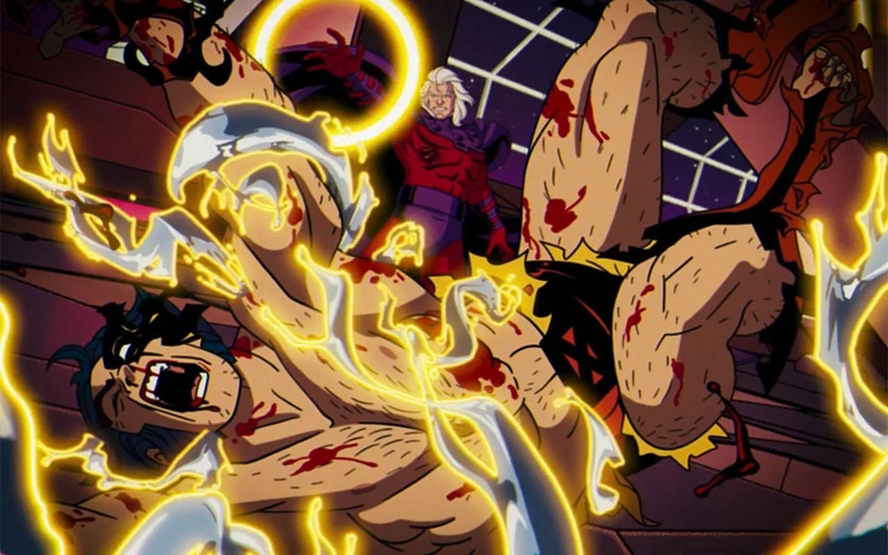 Wolverine writhes in pain as Magneto uses his powers to rip the adamantium from his skeleton. Wolverine writhes in pain as Magneto uses his powers to rip the adamantium from his skeleton.