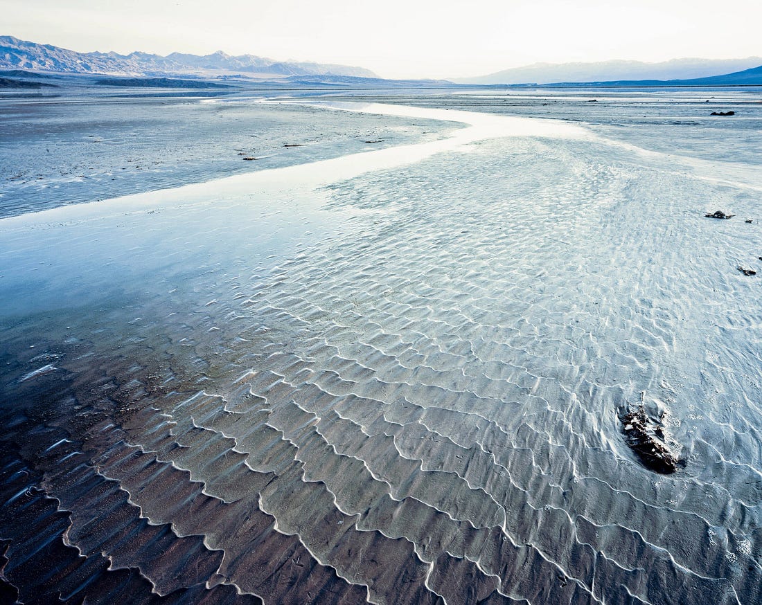 Fine ripples in wet sand radiate across the exposed floor of Lake Manly in Death Valley, shaped by shallow flowing water that mirrors the shifting, temporary habitats where desert pupfish survive.