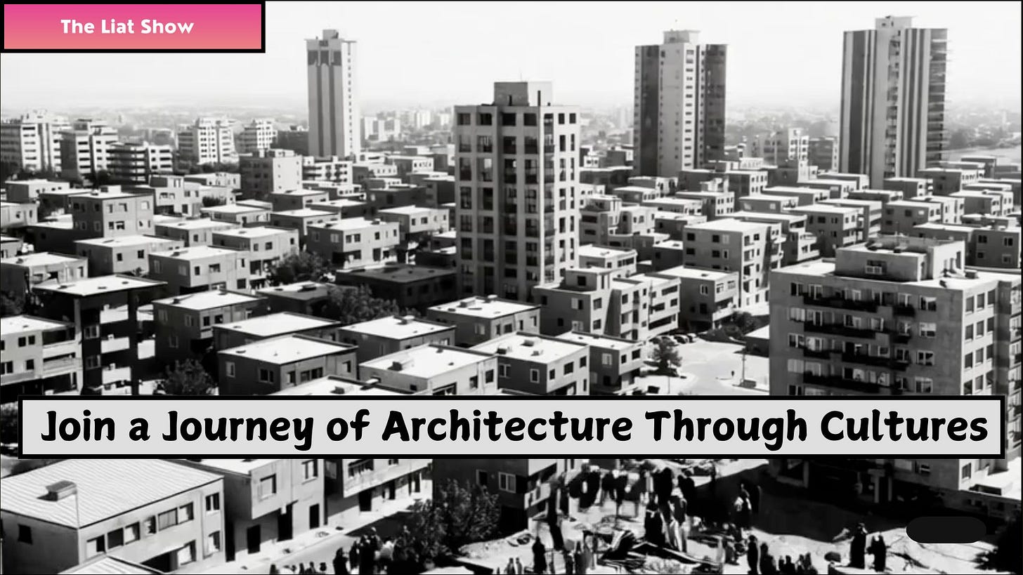 AI-generated black and white image created by Liat Portal using Sora, depicting a fictional dense residential neighborhood. The scene includes repetitive low-rise housing blocks and tall high-rise towers in the background. A crowd of people is gathered in the foreground. The image includes a banner that reads: “Join a Journey of Architecture Through Cultures” with The Liat Show branding.