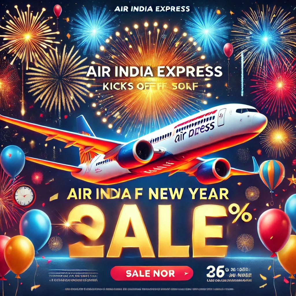 A vibrant and exciting digital advertisement for Air India Express' New Year Sale. The image should feature a festive theme with fireworks in the background, highlighting discounted airfare with the words 'Air India Express Kicks Off New Year Sale!' in bold, eye-catching font. Include a sleek, modern airplane flying through the sky, surrounded by balloons and confetti. Use bright colors like red, gold, and blue to evoke a celebratory atmosphere. The sale details can be subtly placed at the bottom or side of the image. A vibrant and exciting digital advertisement for Air India Express' New Year Sale. The image should feature a festive theme with fireworks in the background, highlighting discounted airfare with the words 'Air India Express Kicks Off New Year Sale!' in bold, eye-catching font. Include a sleek, modern airplane flying through the sky, surrounded by balloons and confetti. Use bright colors like red, gold, and blue to evoke a celebratory atmosphere. The sale details can be subtly placed at the bottom or side of the image.