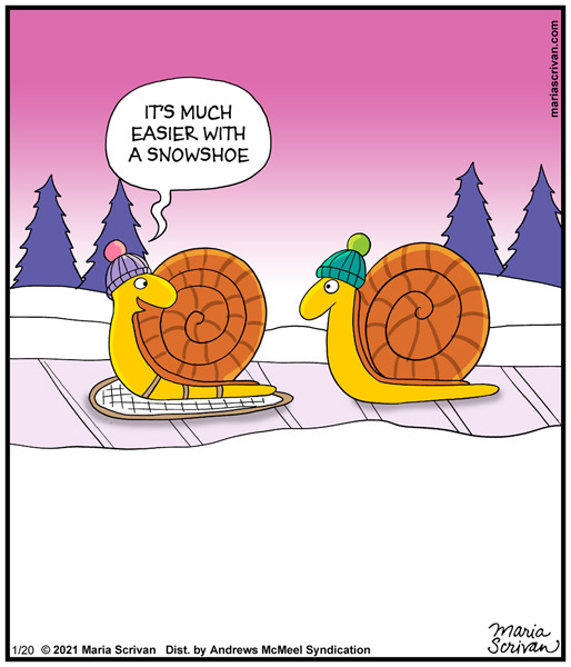 A snail on a snow shoe turns back to a snail behind her and says, “It’s much easier with a snowshoe.”