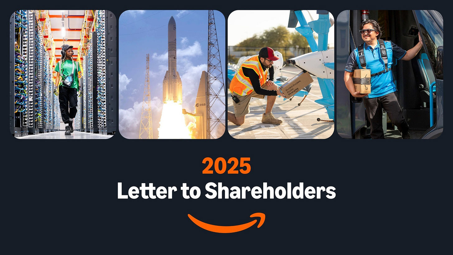 Amazon's 2024 Letter to Shareholders featuring an employee walking in an AWS data center, Amazon Leo launch, an employee loading a package into a drone, and delivery employee holding a package while stepping out of a delivery vehicle. Amazon's 2024 Letter to Shareholders featuring an employee walking in an AWS data center, Amazon Leo launch, an employee loading a package into a drone, and delivery employee holding a package while stepping out of a delivery vehicle.